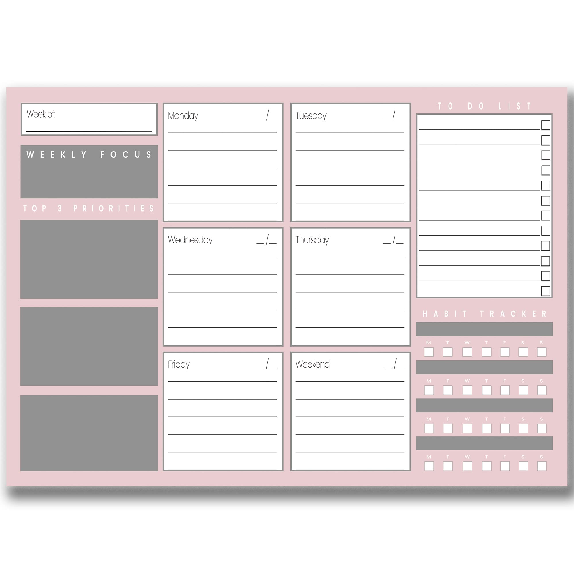 Weekly Planner Pad - A4 Desk Planner with To-Do List, Pink