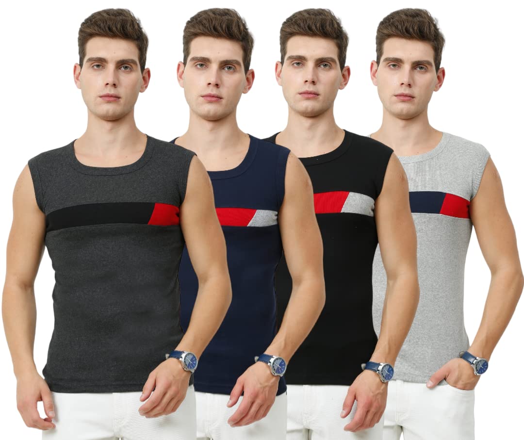 Men's Premium Sleeveless Modern Cotton Gym Vest Round Neck Slim Fit (pack of 4) (Large, BLACK.CHARCOL MILANGE.NAVY BLUE. MILANGE)-picture-43