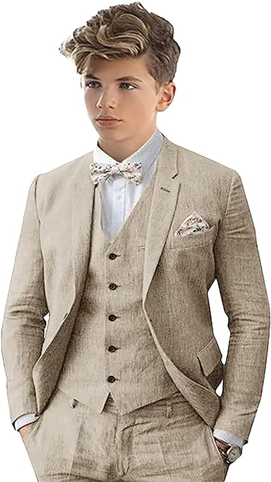 Leader of the Beauty 3 Piece Linen Suit for Boy Peak Label Slim Fit Suit Set Single Breasted Wedding Groom Tuxedos Khaki