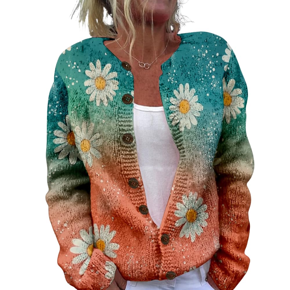 HOTYD Womens Boho Floral Button up Cardigan Casual Long Sleeve Chunky Knit Sweater Loose Fall Fashion Crewneck Sweater