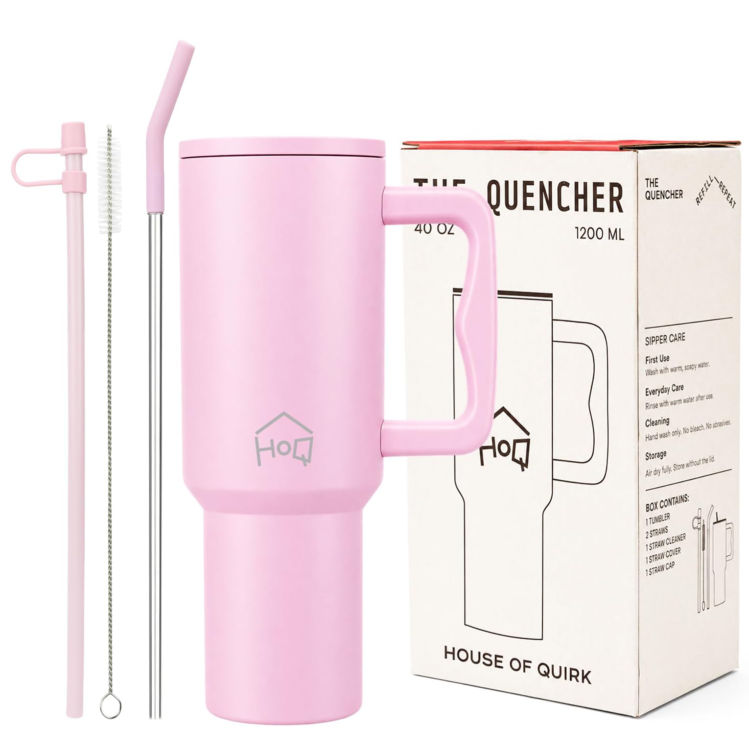 House of Quirk 1200ML Stainless Steel Tumbler with Handle & Lid, 2 Straws – Large Travel Mug Water Cup for Gym, Office & Outdoor Use (Misty Rose)
