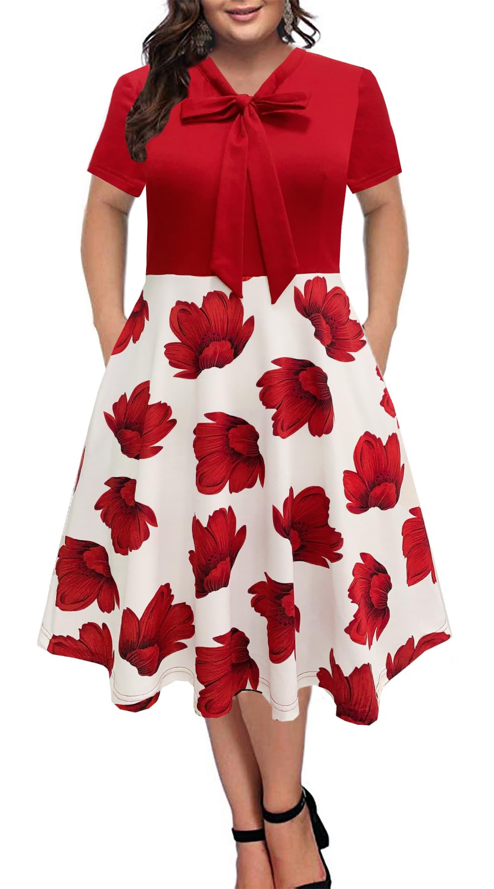 BEDOAR Women's Plus Size Dress Vintage Bow Tie Neck Casual Business Work Knee Length A-line Dresses with Pockets