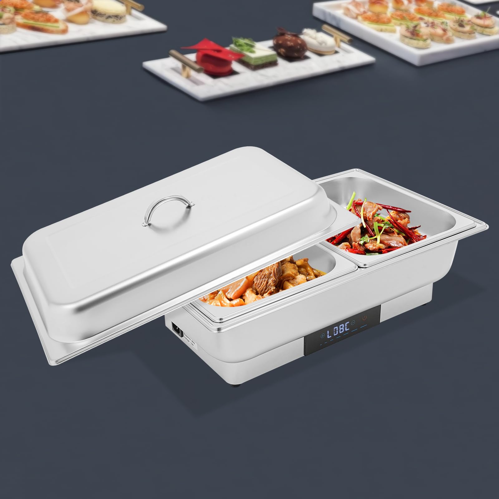 Calentador de buffet eléctrico, calentador de alimentos, buffet Chafing Dish, acero inoxidable, con control de temperatura para catering y buffet, 600 W, 9 l, para platos fríos y calientes