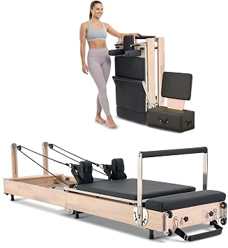 VEVOR Foldable Pilates Reformer, Wooden Pilates Workout Machine for Home Gym Studio Use, Pilates Bed with Dual Resistance- Spring & Cord, Reformer Set with Sitting Box, Up to 400 LBS