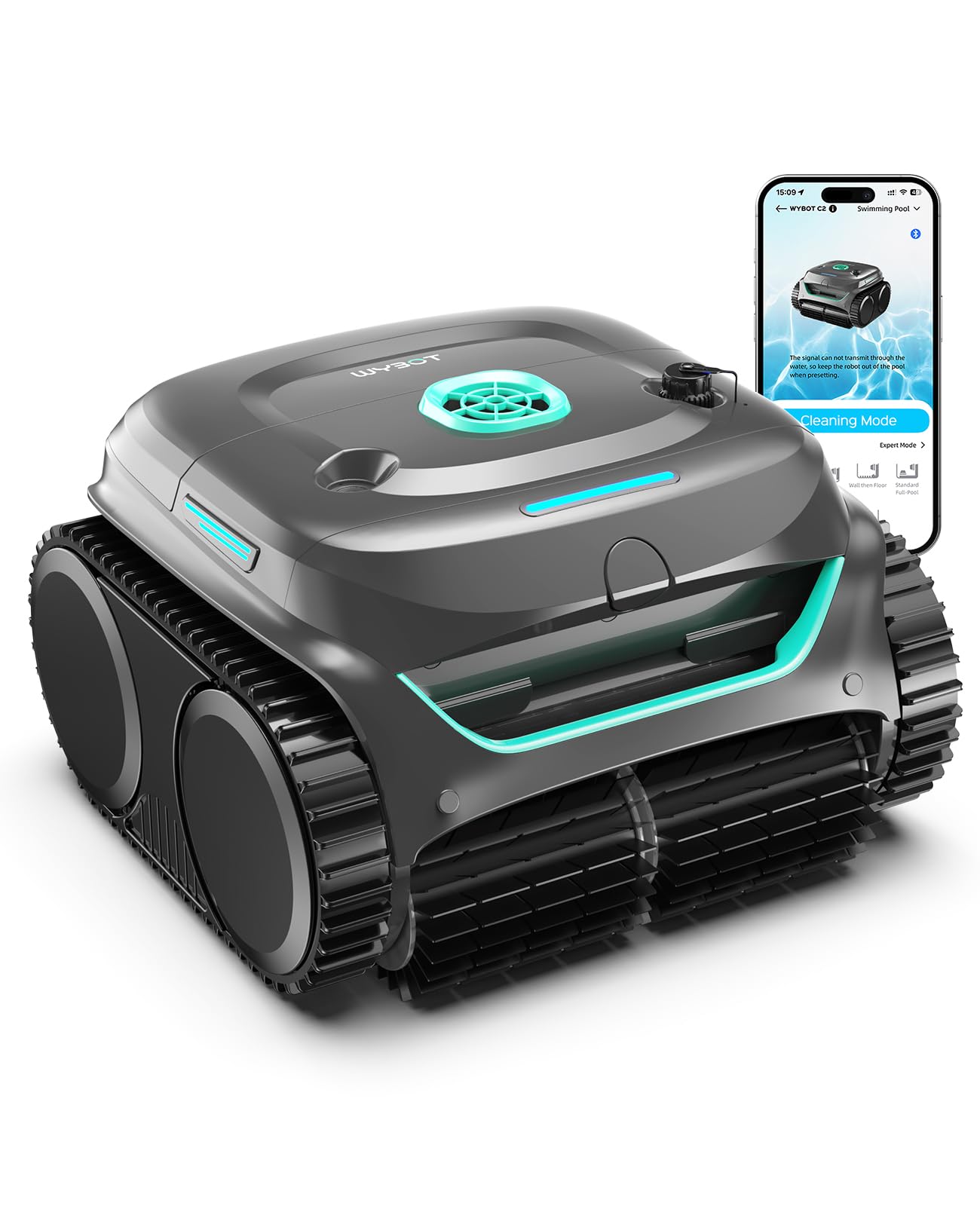 WYBOT C2 Limpiafondos Piscina Robot Inalámbrico, 3 Motores, Doble Filtración, Limpieza Paredes y Línea de Agua, Autonomía 180 Min, para Piscinas Enterradas hasta 150㎡, App(Verde Niebla-Verde)