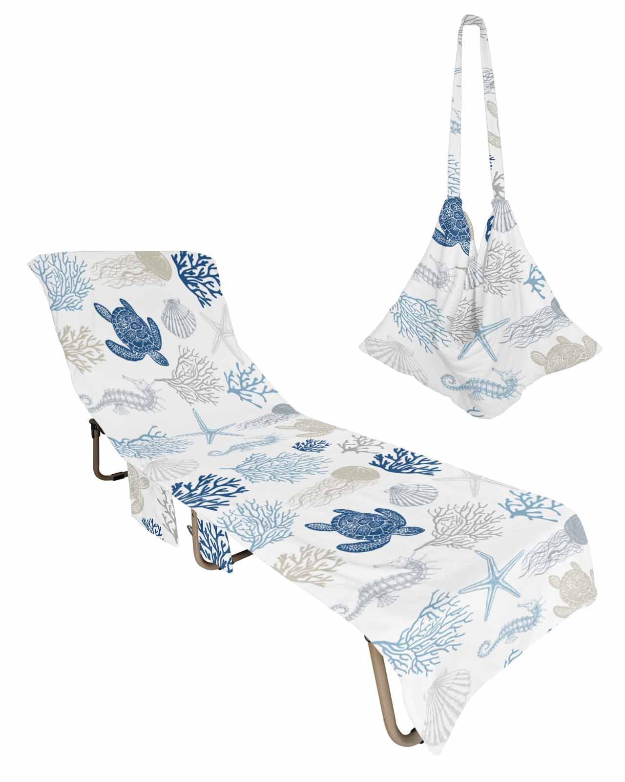 Beach Pool Patio Lounge Chaise Chair Cover Towel with Pockets,Coastal Navy Blue Starfish Absorbent & Quick Dry Microfiber Towel Cover Bag Summer Travel Accessories Sea Turtle Shell Coral Ombre Grey