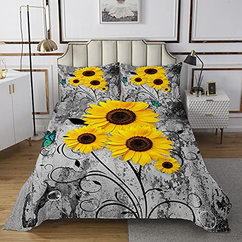 feelingyou Colcha de girasoles amarillos, 170 x 210 cm, diseño de mariposas azules y flores, juego de edredón para habitación infantil y niña, estampado retro gris decorativo acolchado con 1 funda de