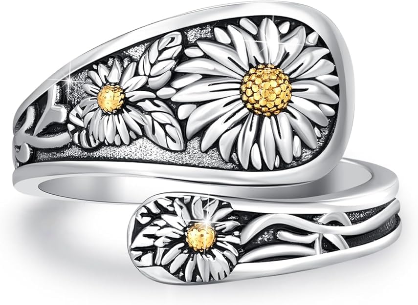 Sunflower Spoon Ring Sterling Silver Vintage Adjustable Antique Spoon Rings for Women Boho Flower Wide Thumb Ring Valentines Day Gift
