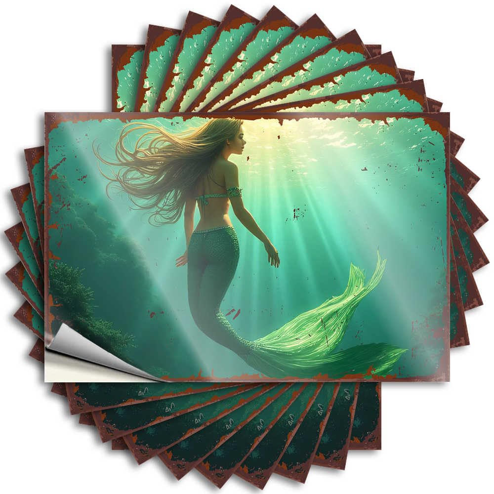 Tattoos Cottage Peel and Stick - Mermaid Swimming in Sunlit Ocean Waters Door Summer Waterproof Vinyl for Interior(12X18CM)