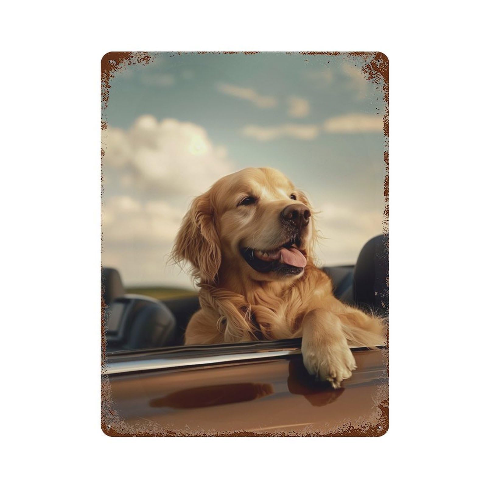 Vintage Rust Metal Sign Golden Retriever Cabriolet 15.7"x11.8", Shabby Chic Decor for Cafe, Home Bar And Lounge Decor