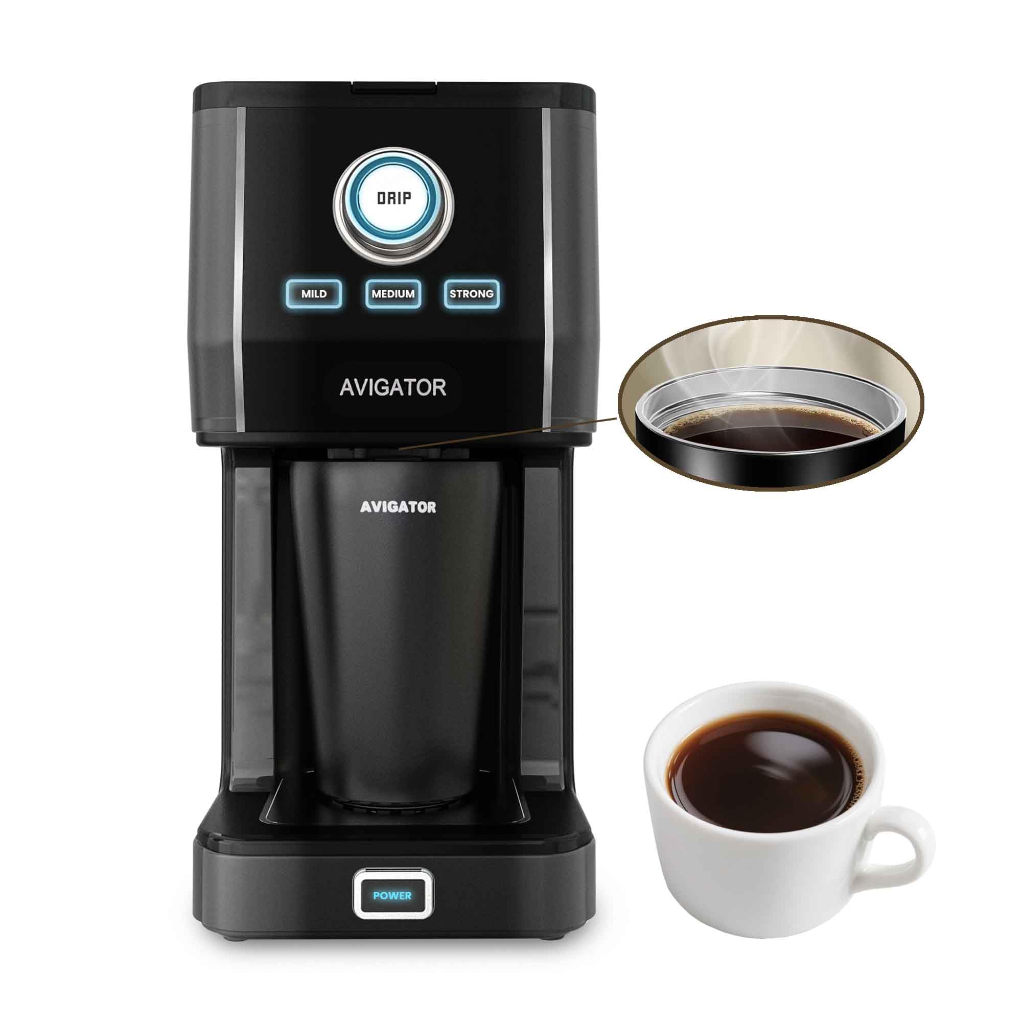 Single Serve Coffee Maker with 11oz Travel Coffee Mug Stainless Steel Brew Strenth Adjustable Permanent Filter Black