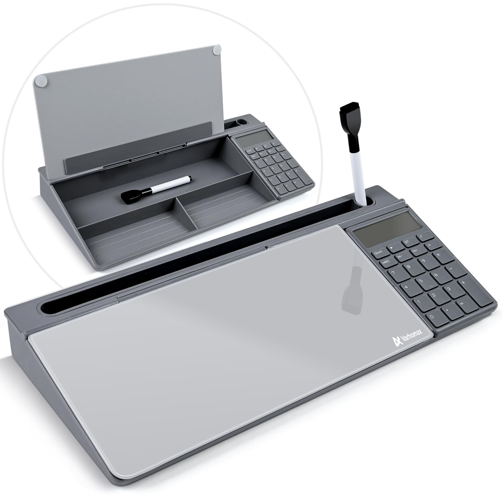 Varhomax Glass Desk Whiteboard Gray with Calculator, Desktop Dry Erase White Board with Storage, Desk Board Buddy to Do List Memo Notepad for Home and Office