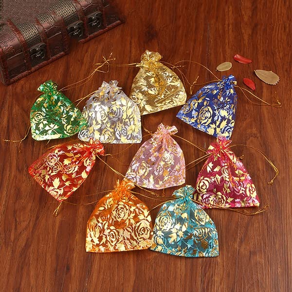 Image of Size : 9x12 Cms - Pack of 50 - Organza Drawstring Bag Potli, Precious Jewellery Pouch I Gifts Goodies and Candy Pouch Bags (Muli Colour)