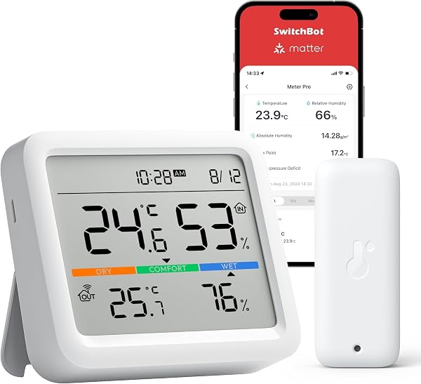 SwitchBot Bluetooth Stazione Meteorologica con IP65 Sensore Esterno, Display con Data e Ora, Esportazione Gratuita di Dati, Temperatura e Umidità, Sensore di Rugiada/VPD/Umidità Assoluta - 1