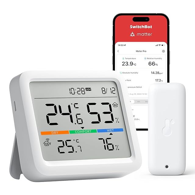 SwitchBot SwitchBot Bluetooth Wetterstation Funk mit Außensensor IP65, Hygrometer Thermometer mit Uhrzeit & Datum, Taupunkt/VPD/absolute Feuchte, Datenspeicherung für Gewächshaus, Keller, Weinkeller, Wohnzimmer — Wetterstationen