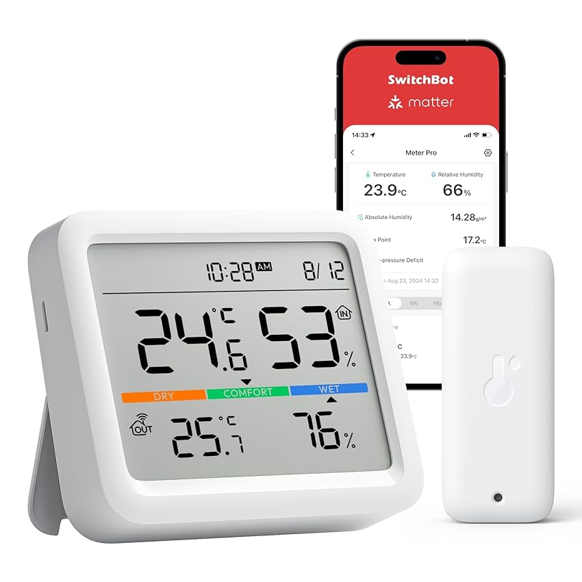 SwitchBot Bluetooth Stazione Meteorologica con IP65 Sensore Esterno, Display con Data e Ora, Esportazione Gratuita di Dati, Temperatura e Umidità, Sensore di Rugiada/VPD/Umidità Assoluta