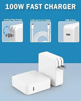Mac Book Charger, 100W Laptop Power Adapter for MacBook Pro 16 15 14 13 Inch (M1 M2 M3), 96W 87W USB C Replacement Charger for Mac Air 15/13 Inch, iPad Pro 13 12.9 11 Inch, 6.6ft Fast Charging Cord