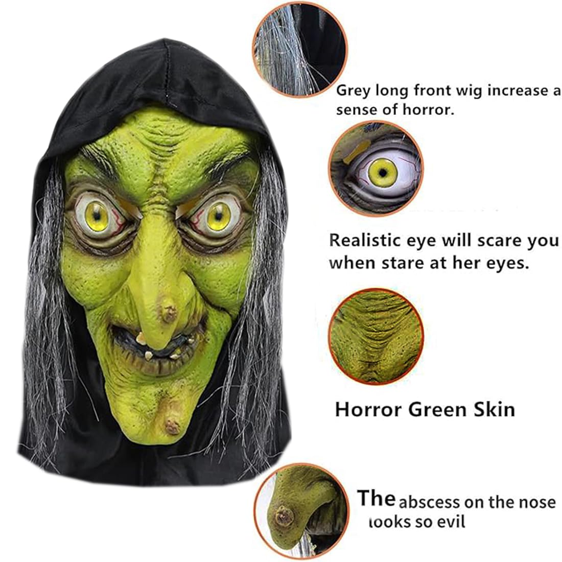 Mltao Alte Hexe Maske Mit Haar & Hut – Latex Halloween Maske Für Kostüm-Partys