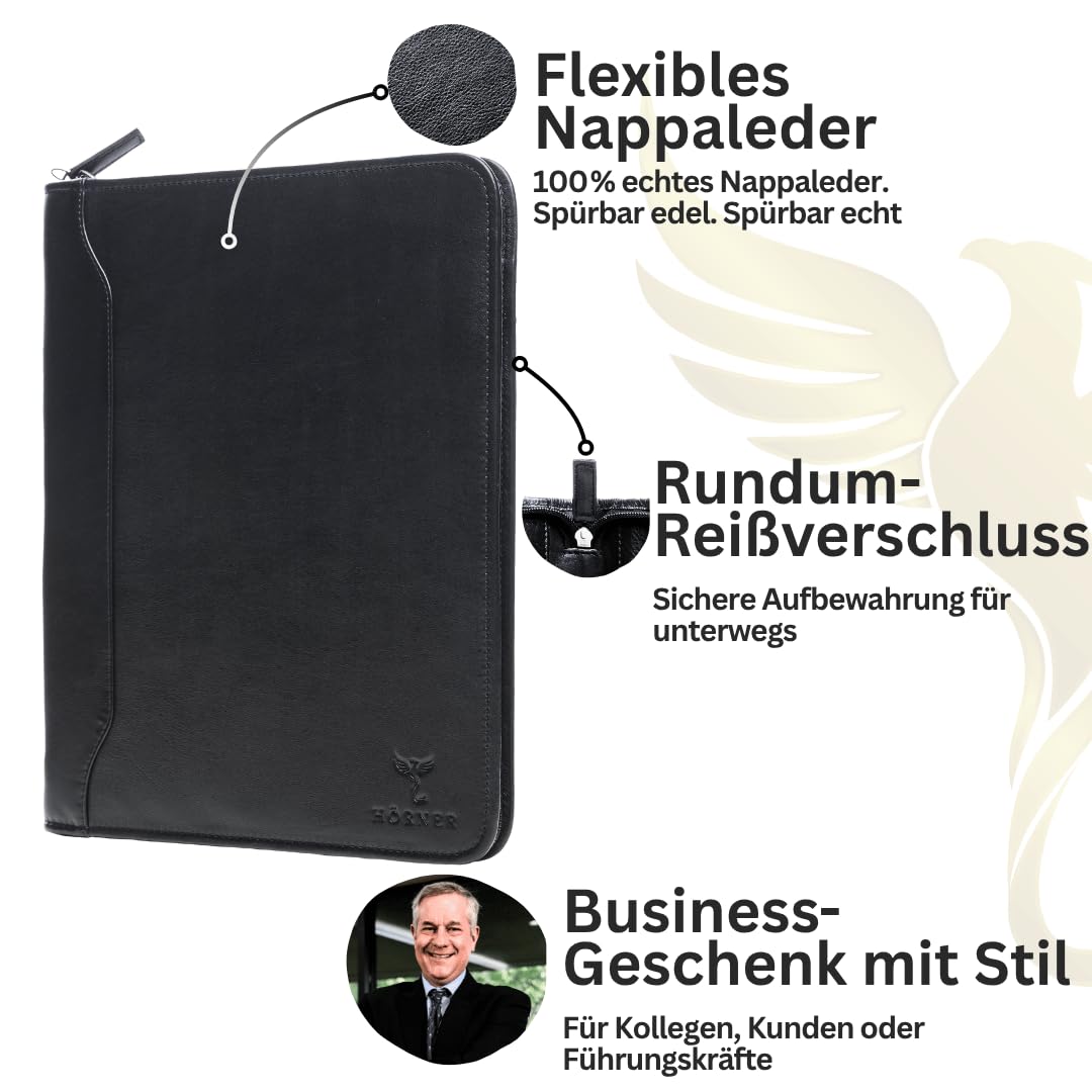 Hörner Konferenzmappe Madrid A4 Echtleder Schwarz – Schreibmappe mit Rundum-Reißverschluss, 12″-Tabletfach, Kartenfächer & Stifthalter, Business Dokumentenmappe