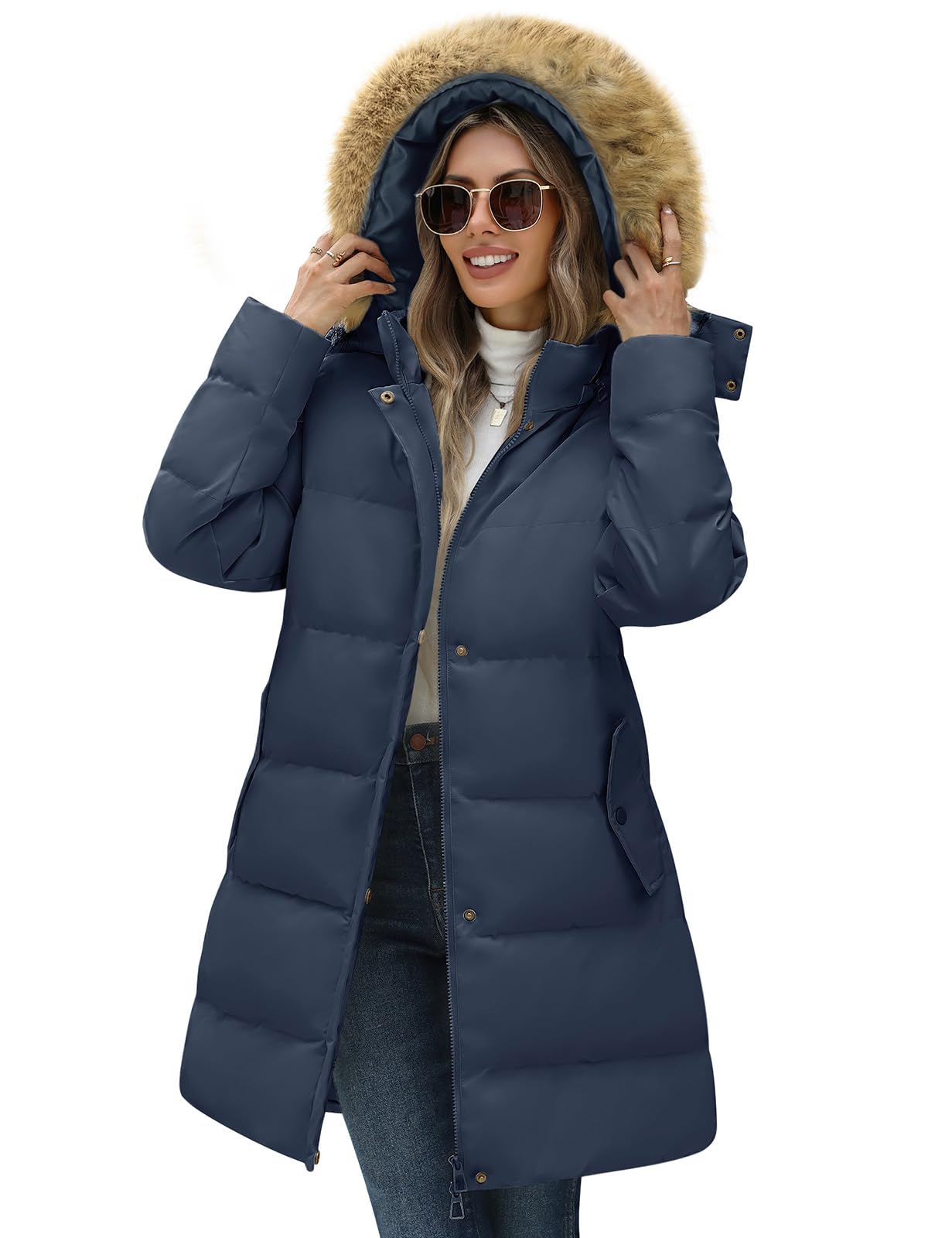 Yuson Girl Wintermantel Damen Lang Warme Winddichte Steppjacke Dicke Steppmantel Parka Winterjacke Herbst Gesteppt Elegant Skijacke Outdoor Jacke Mit Kunstpelz Kapuze