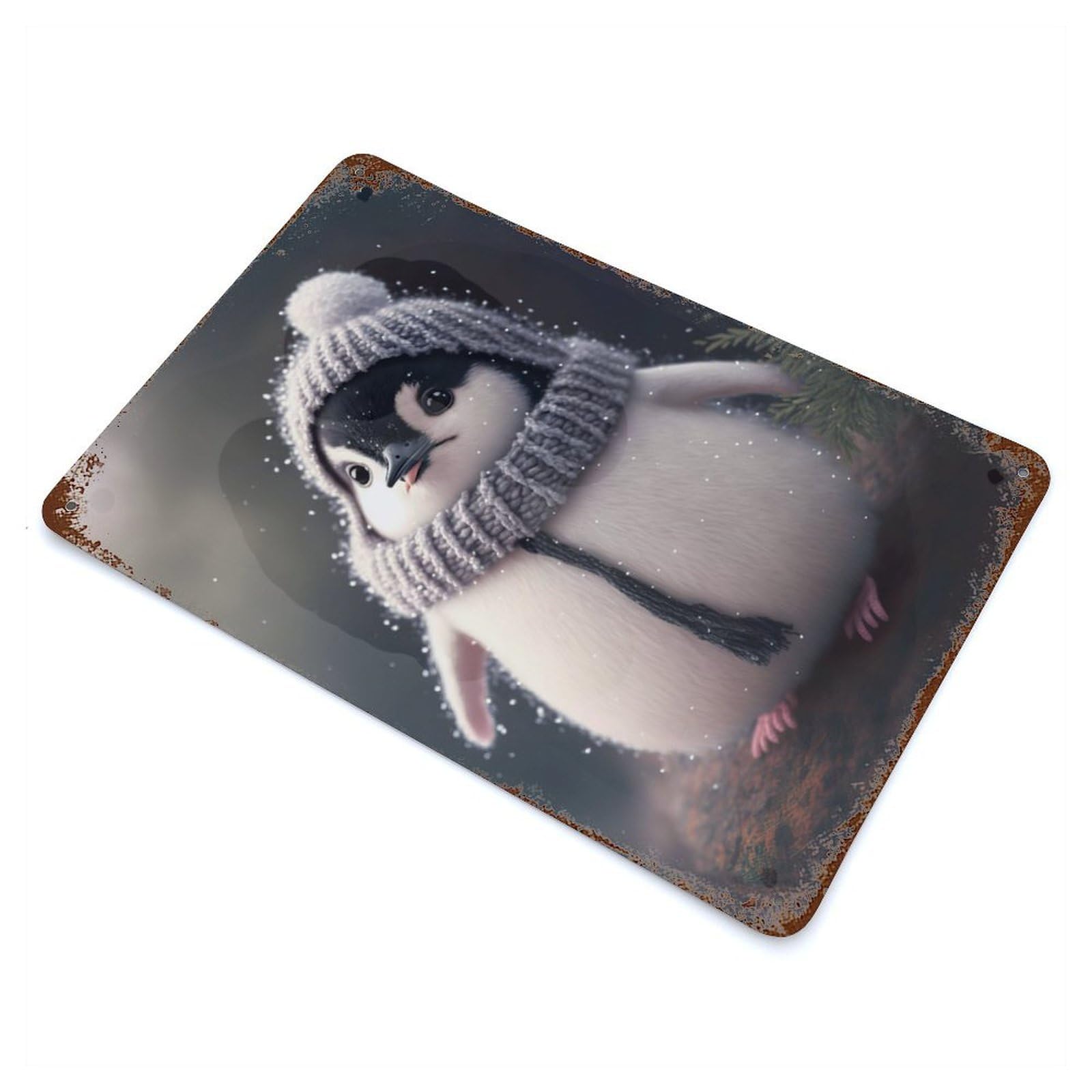 Baby Penguin Aged Metal Wall Plaque 11.8"x7.9", Ideal for Garage, Bar And Workshop Decor