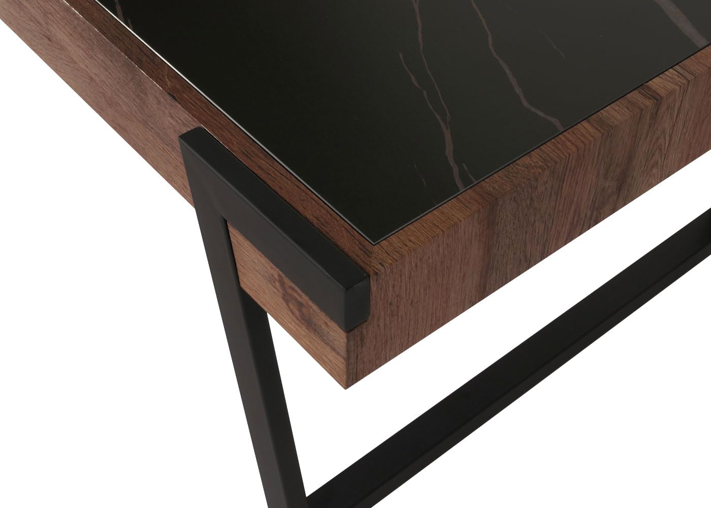 Stolik kawowy do salonu sofa HWC-L89 43 x 120 x 64 cm spiekany kamień MDF czarne nogi ciemne drewno wygląd marmuru brązowy
