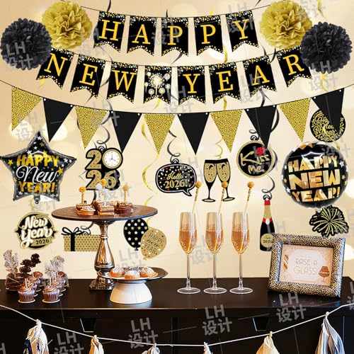 2026 Happy New Year Decorations Set – Complete New Year’s Eve Party Supplies with 32" 2026 Foil Balloons, Hanging Swirls, Banners, Triangle Flags, Paper Pompoms, and Foil Balloons - Image 6