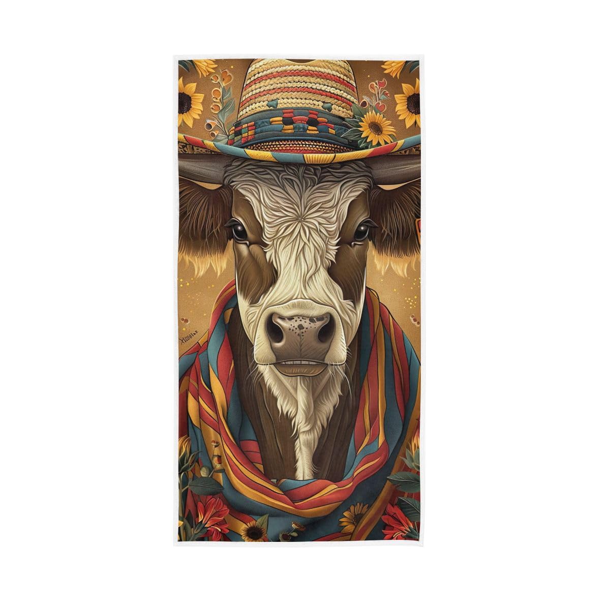 HUYGD Cute Cow with Hat Hand Towel Cotton Absorbent Soft Decorative Towel for Bathroom 15 x 30 Inch