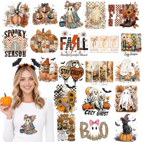 Dazoratix Fall Iron on Transfers - 20 Sheets Autumn Pumpkin DTF Ready to Press Retro Ghost Thanksgiving Heat Patches Halloween Sticker Vinyl Decal for T Shirts Clothes Pillow Bag DIY Crafts Decoration
