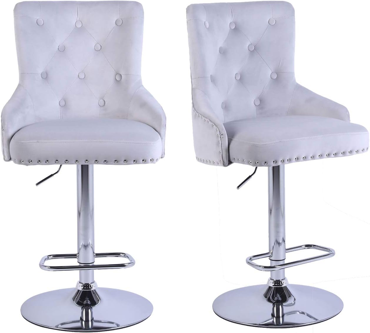 Bar Stools Swivel Counter Height Bar Stools with Velvet Upholstered Adjustable Bar Chair Polished Chrome Metal Base for Counter Kitchen Island (Light Gray 4 Pack)