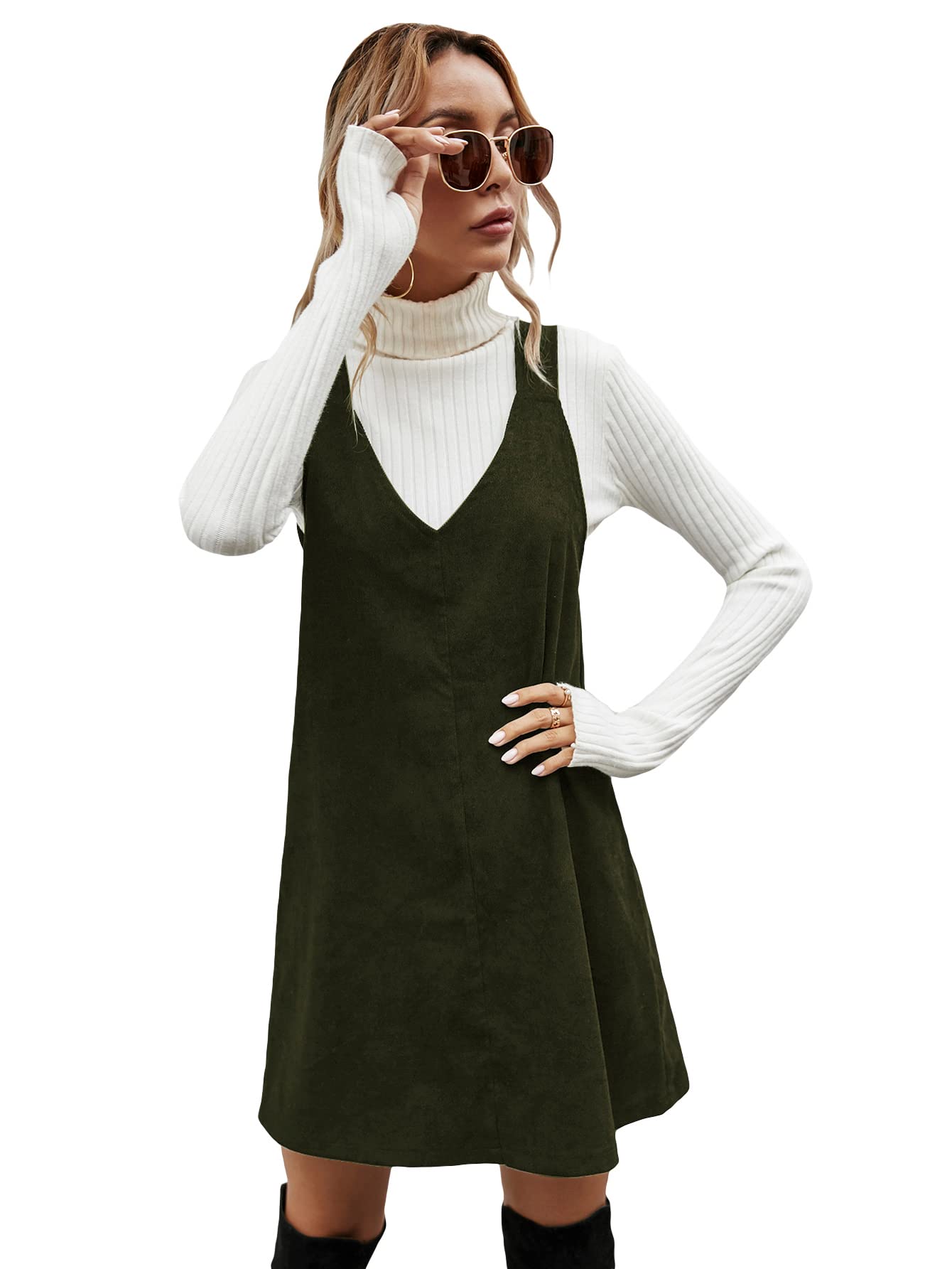 Milumiawomen V Neck Corduroy Pinafore Overall Mini Dress Jumper