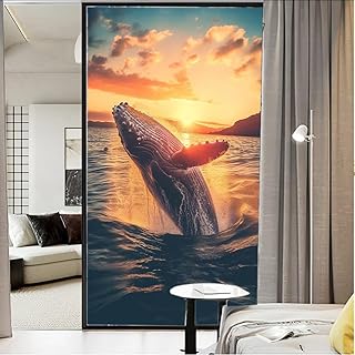 Whale Sunset Stained Glass Window Film Ocean Seascape Animals Coastal Privacy Window Film Glass Door Covering Non-Adhesive Window Stickers for Bathroom Kitchen 27.6Wx39.4L