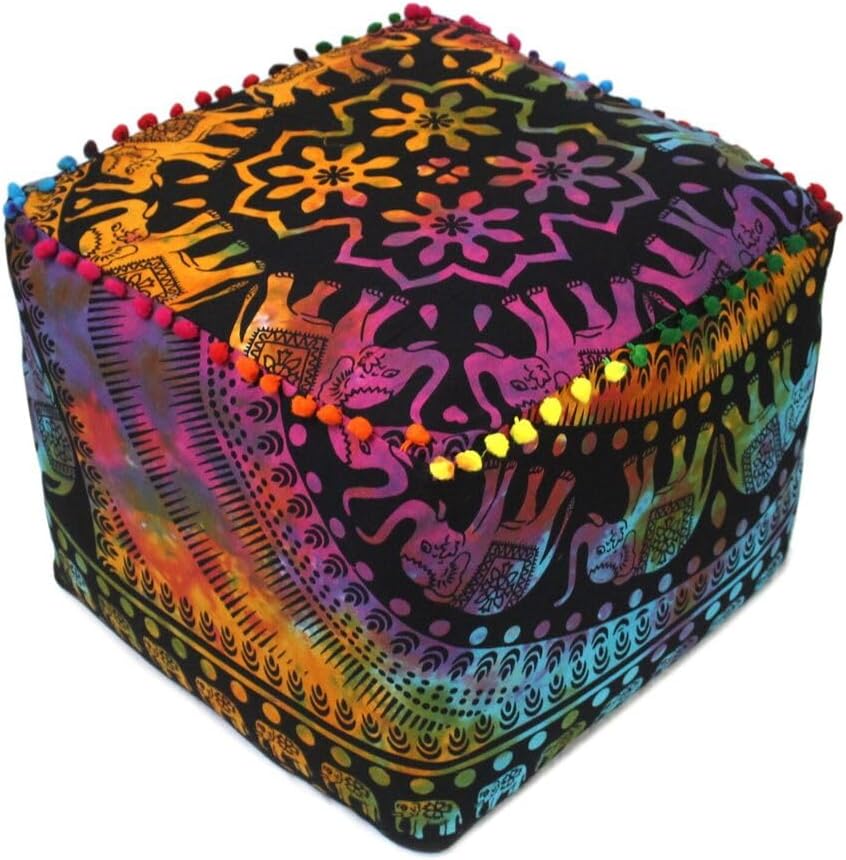Indian Handmade Mandala | Square Ottoman Pouf Cover | Footstool Seating (Multi Elephant Ombre, 22x22x14)