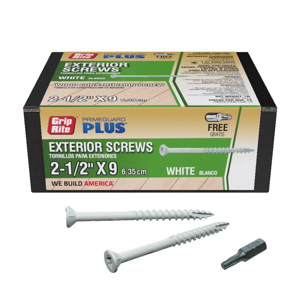 Grip-RiteL212STW1 PrimeGuard Plus #9 x 2-1/2" Wood to Wood Deck Screw, White, 1lb Box