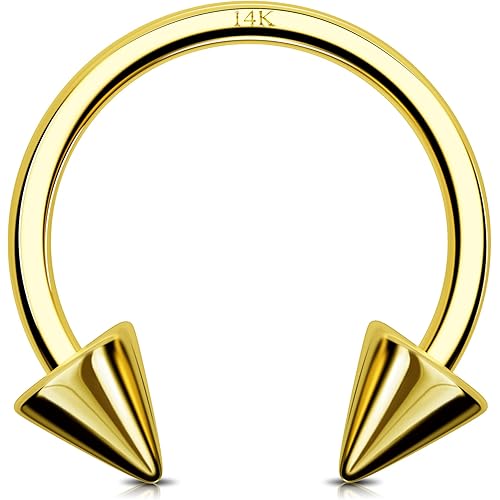 Jewseen 14K Solid Gold Septum Rings 16G Spike Septum Jewelry 14K Yellow Gold Daith Piercing Jewelry Horseshoe Labret Ring 14Kt Lip Piercing Jewelry for Women Men