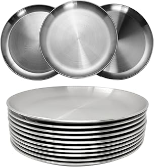 CAMBUY Stainless Steel Plates 9 inch 304 Metal Lightweight Unbreakable Dinner Dishes Plates Set Non-Toxin Dishwasher Safe BPA Free and Healthy (10 Pcs)