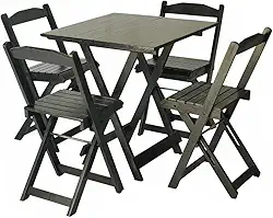 Mesa Dobrável 70x70 Tampo Madeira 4 Cadeiras Dobrável Retrátil - Preto