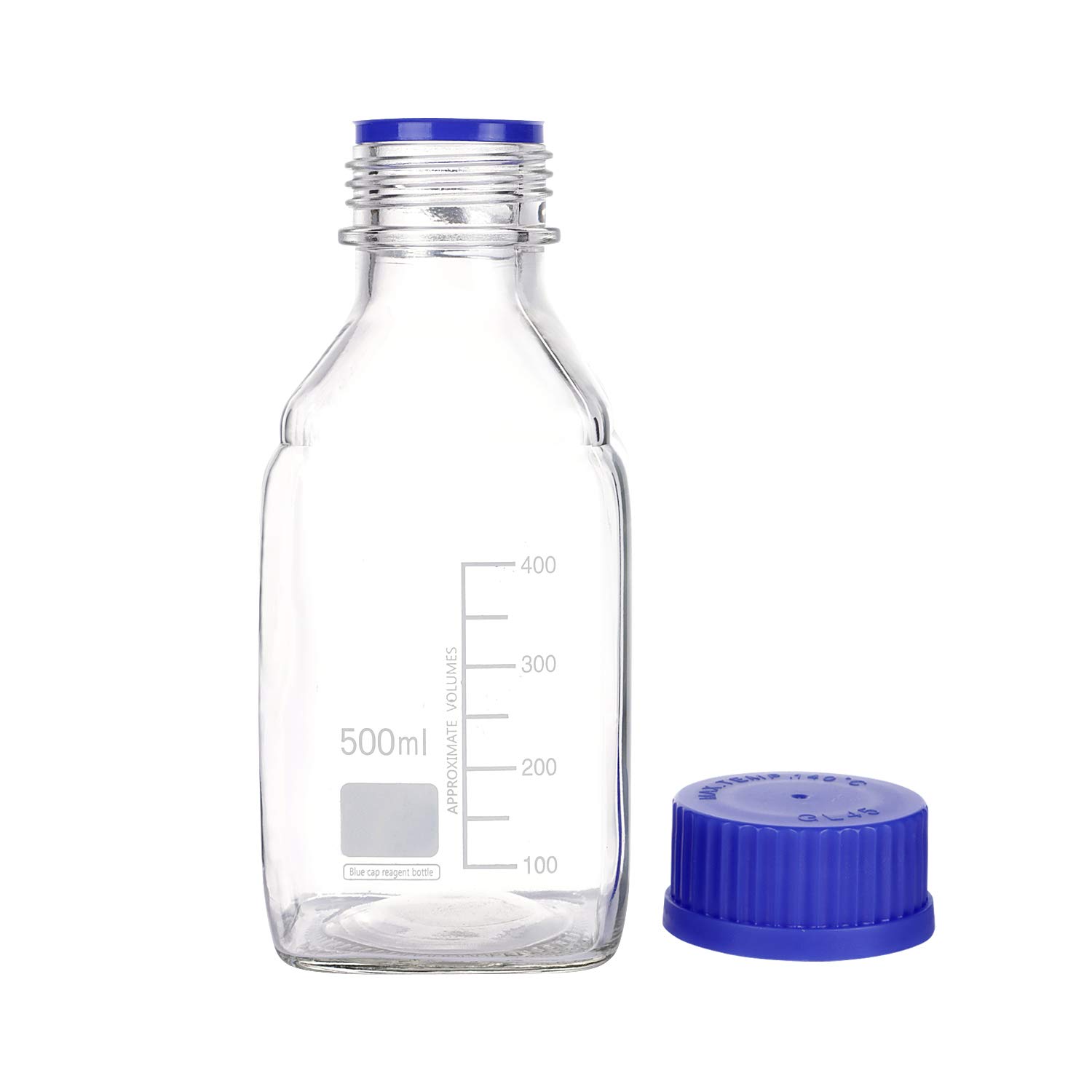 Moonetto - Botella de cristal cuadrada graduada Pyrex de 500 ml, con tapón de rosca de polipropileno azul GL45 (paquete de 8)