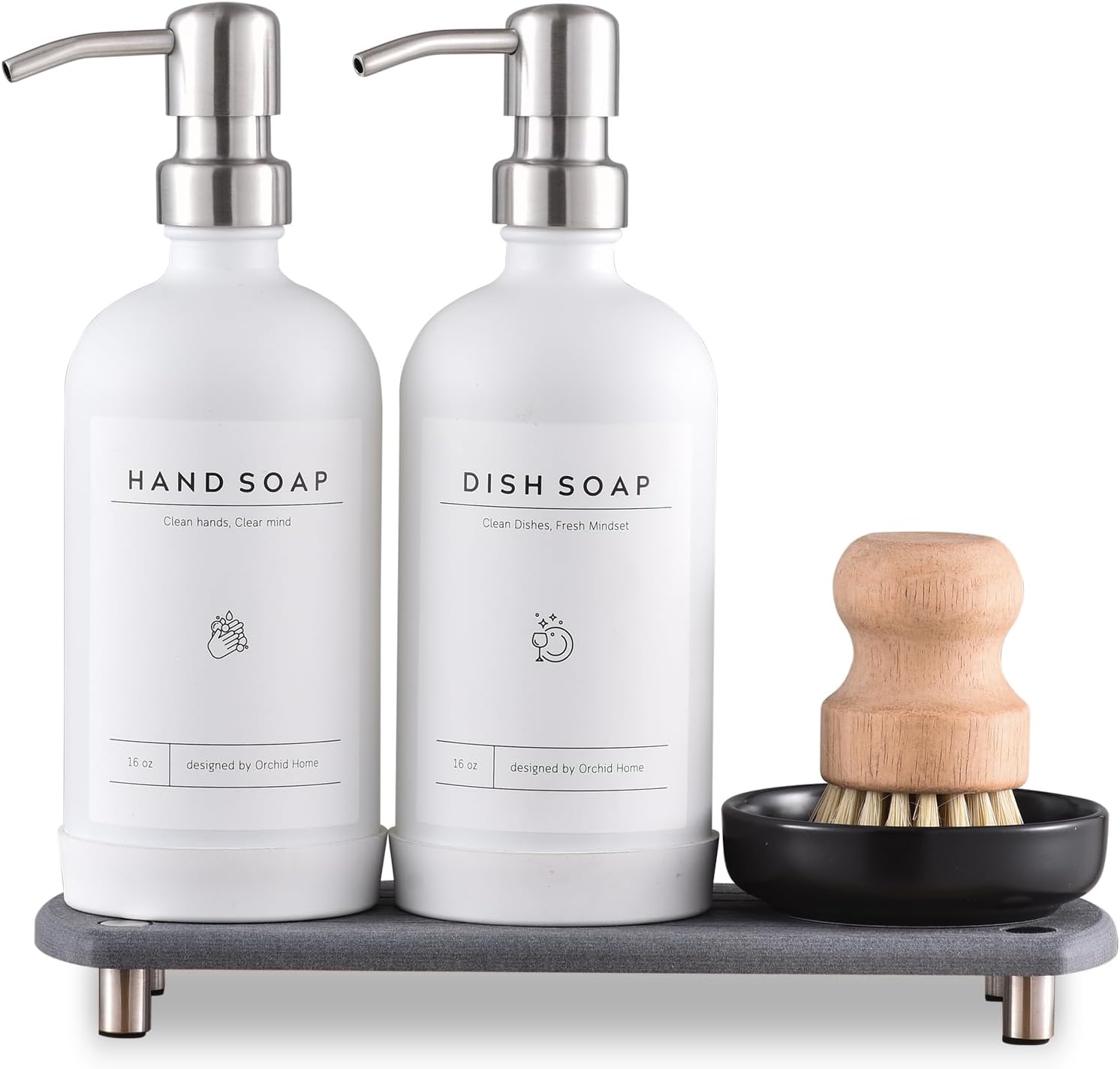 [Luxury] Kitchen Soap Dispenser Set - 16OZ White Glass Bottle, Stainless Steel Pump, Instant Dry Tray, Waterproof Labels, Non-Slip Silicone Pad, and Dish Brush | Upgrade for Your Kitchen and Bathroom