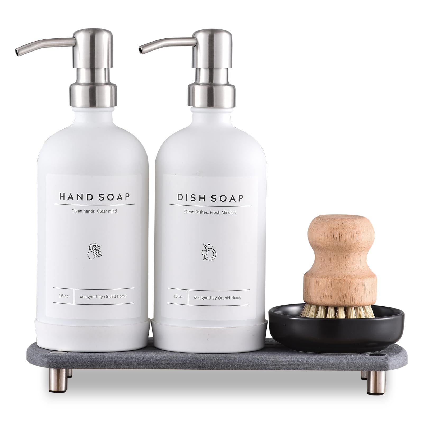 Photo 1 of [Luxury] Kitchen Soap Dispenser Set - 16OZ White Glass Bottle, Stainless Steel Pump, Instant Dry Tray, Waterproof Labels, Non-Slip Silicone Pad, and Dish Brush | Upgrade for Your Kitchen and Bathroom