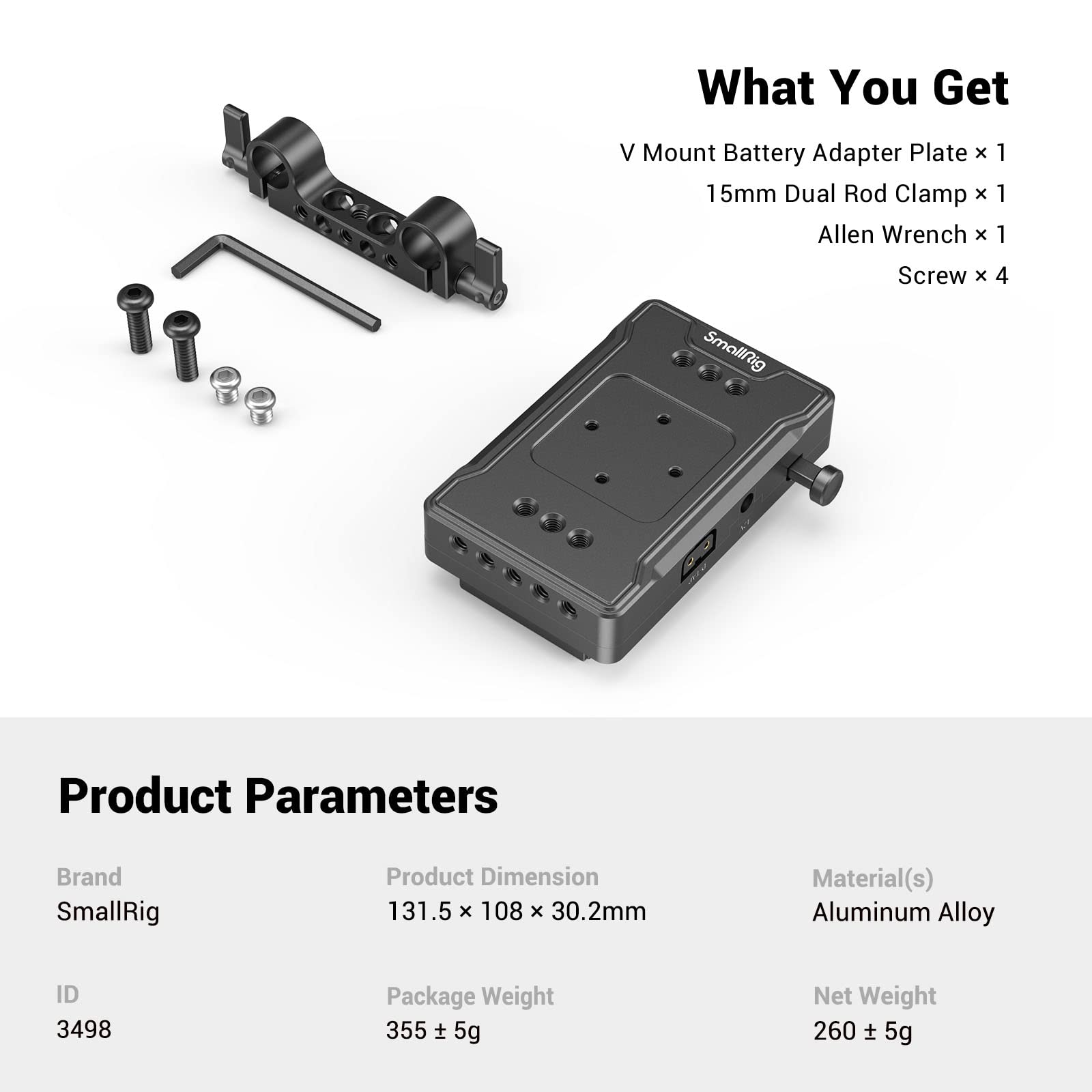 SMALLRIG Adaptador de Batería de V Mount con 15mm Rod Clamp, Puertos de Salida Duales de 14,8 V D-Tap y 8 V / 12 V CC - 3498