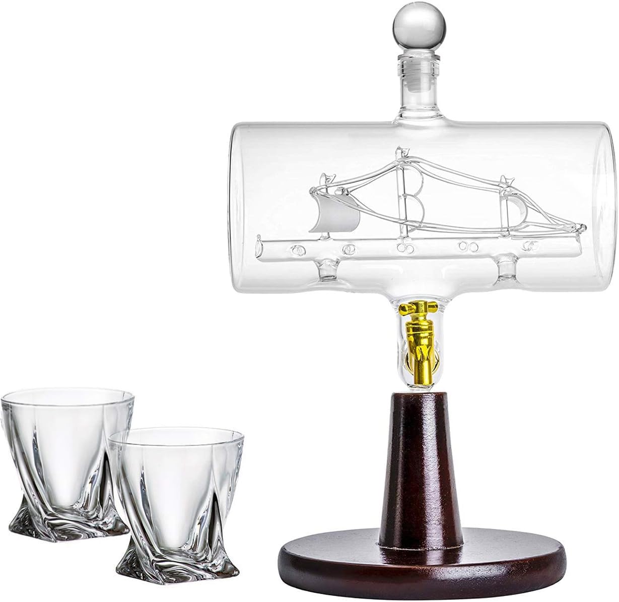 Whiskey Decanter Set, 38 Ounce - Handmade 'Magellan' Liquor Dispenser with Ship Inside - Large Glass Decanter with Wooden Stand, Bar Funnel and Two Diamond Glasses