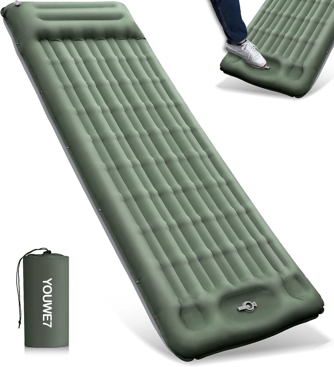 YOUWE7 Self Inflating Camping Sleeping Pad with Pillow, Thick 15CM Ultralight Sleeping Pad with Built-in Pump, Lightweight Sleeping Mat for Camping, Backpacking, Hiking, Tent (Green)