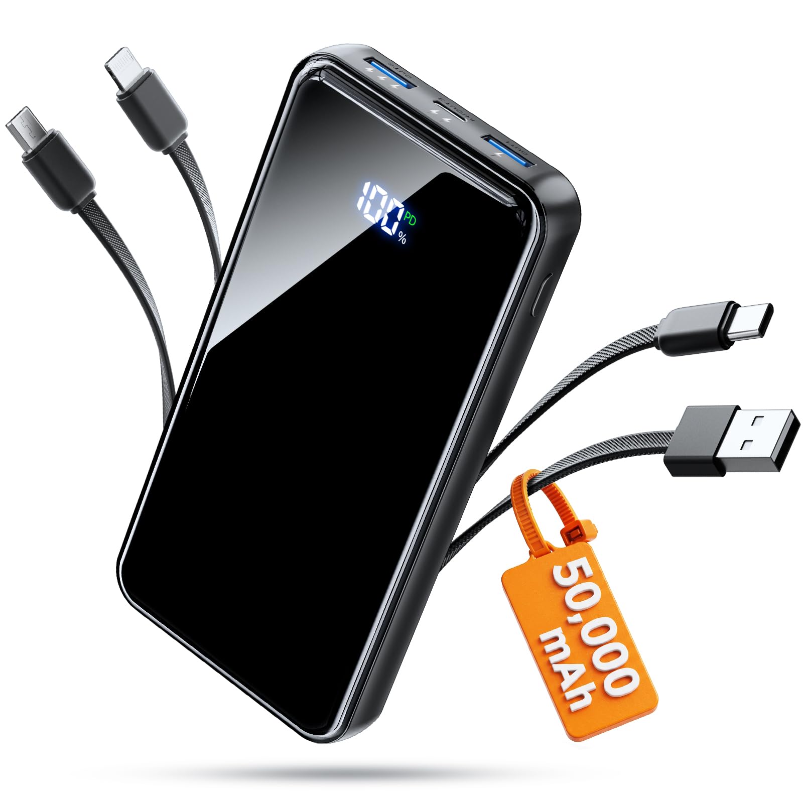 Portable Charger 50000mAh with Built-in 4 Cables,22.5W Fast Charging Power Bank,6 Outputs and 2 Inputs,Travel Essential Phone Battery Pack with LED Display,Compatible...