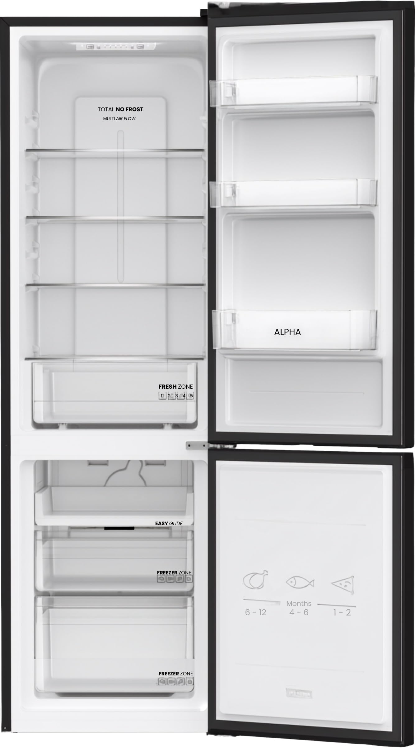 ALPHA Frigorífico Combi Pegasus Elite-180 Negro Brillo, Total No Frost con Multi Airflow, Inverter, Bajo Nivel Sonoro *Alta Gama* | Frigorifico negro