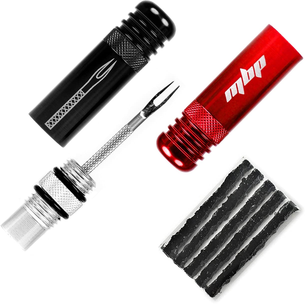MBP Ultimate Cycling Tubeless Tire Repair Kit for MTB/Road/Gravel/Universal Tubeless Tires - Light Weight Alloy - All-in-ONE Tool - Includes Tire Plugs - Super Compact (Black/RED)