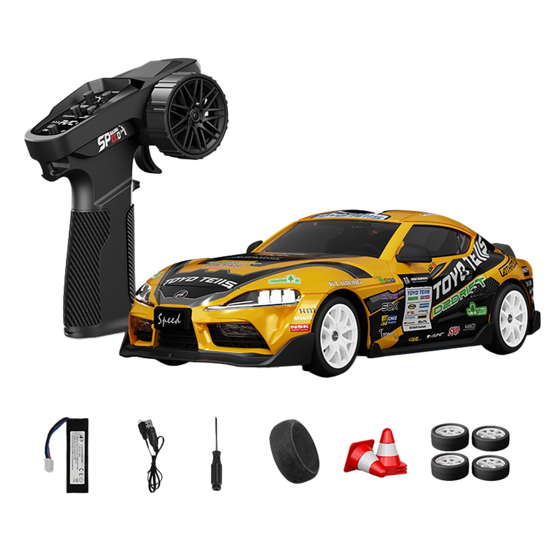 NULA 1:24 RC Drift Car, D24 RTR Full Proportional 4WD High Speed Remote Control Car with Gyro, Dual Drift Racing Tires, LED Light Effects for Adults- (S2 Yellow Finish / D24-01)