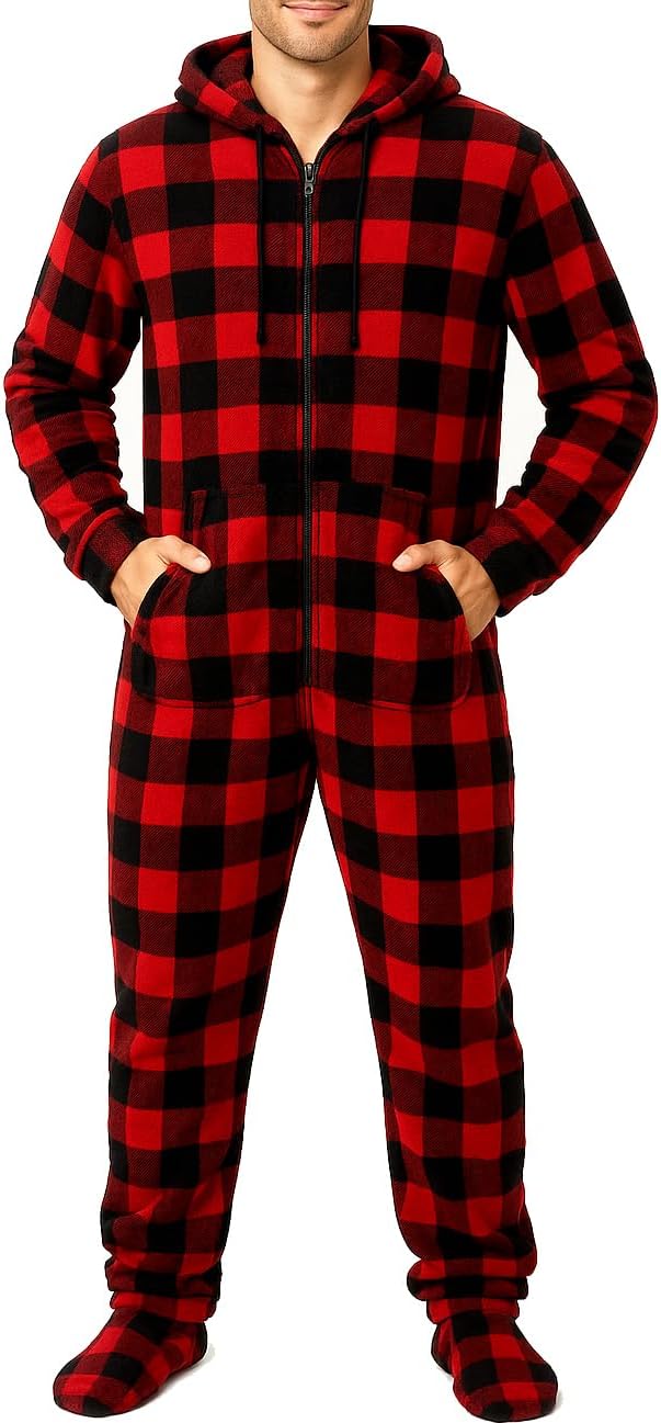 Alexander Del Rossa fleece onesie for men, hooded footed pajama