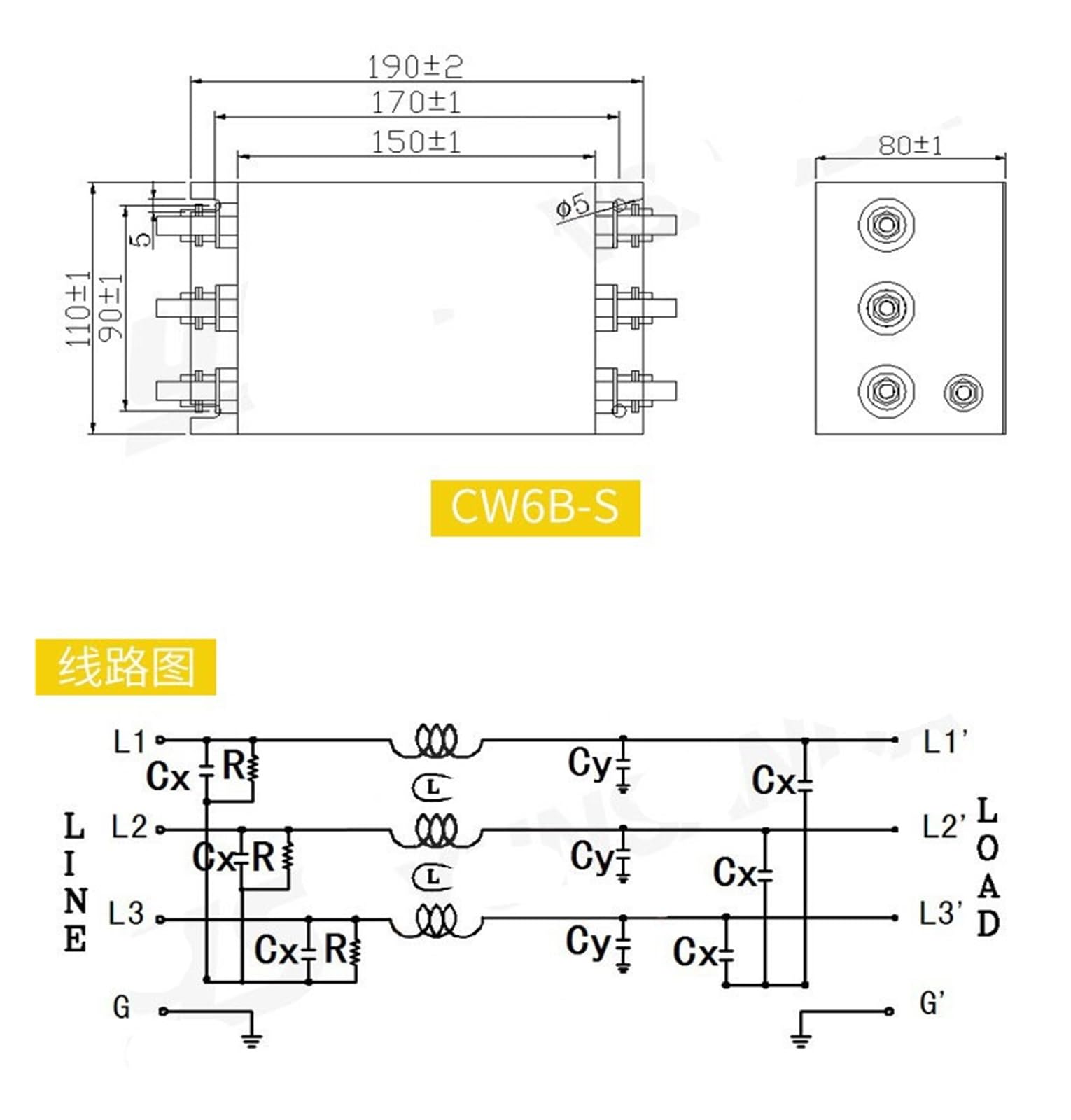 Filtro de Potencia trifásico de Tres Cables de 380 V con Interfaz de Tornillo CW6B-90A, Entrada y Salida de servo inversor antiinterferencias
