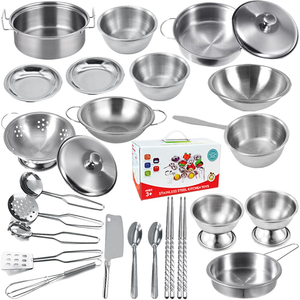 Dress Up America Set Pentole Giocattolo In Acciaio Inox 11 Pezzi Per Bambini - Cucina Gioco Realistica, Lavabile In Lavastoviglie